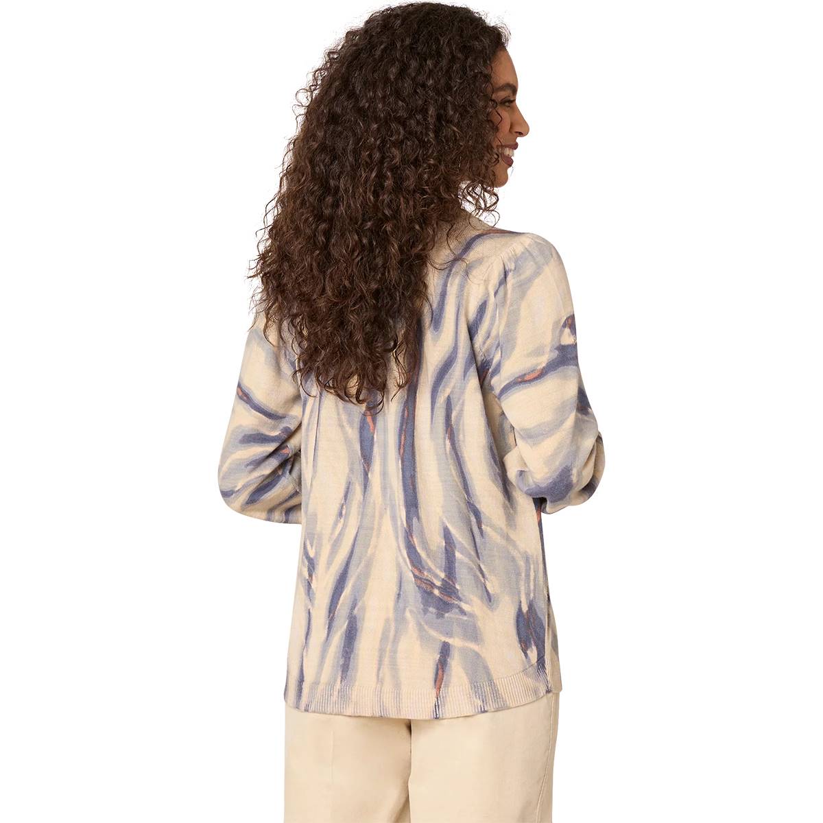 Womens Democracy Long Puff Sleeve Abstract Shirttail Sweater