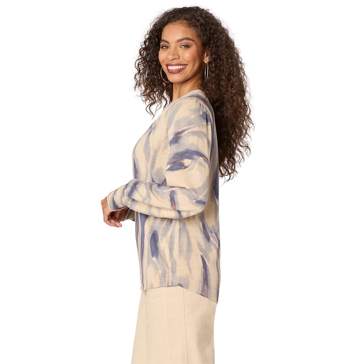 Womens Democracy Long Puff Sleeve Abstract Shirttail Sweater