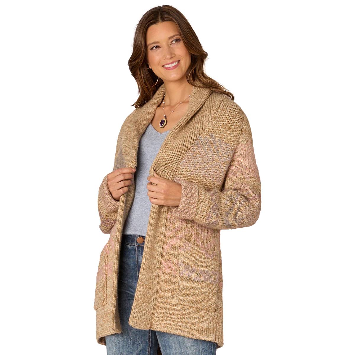 Womens Democracy Long Sleeve Shawl Ombre Jacquard Cardigan