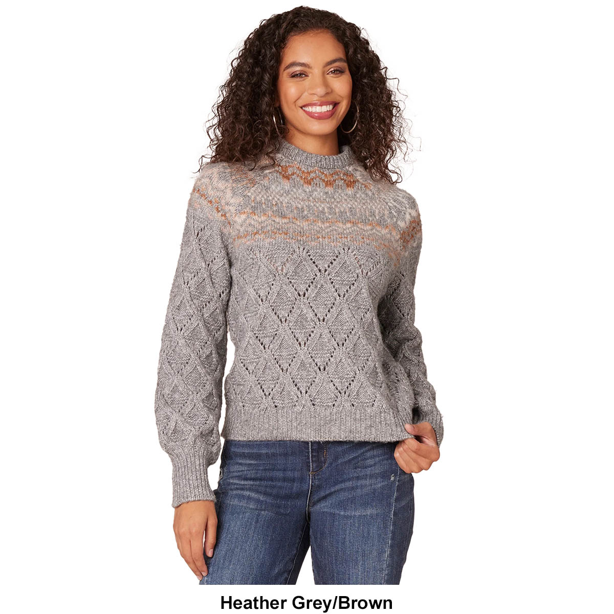 Womens Democracy Rolled Neck Fair Isle Yoke Pointelle Sweater