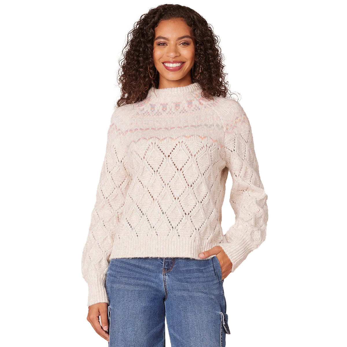 Womens Democracy Rolled Neck Fair Isle Yoke Pointelle Sweater