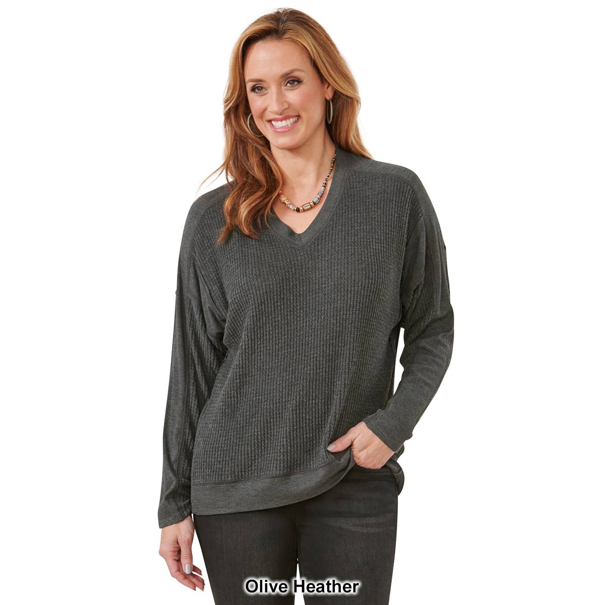 Womens Democracy Thermal Dolman Sleeve V-Neck High Low Top
