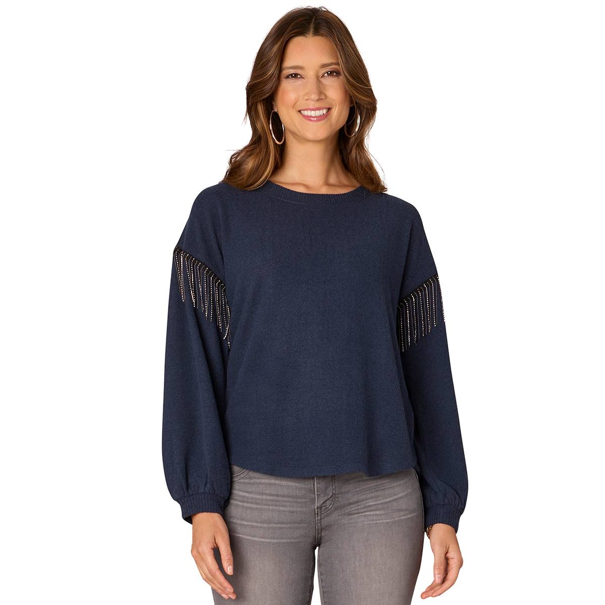 Petite Democracy Long Blouson Sleeve Sparkle Fringe Sweater