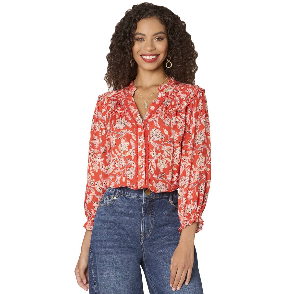 Womens Democracy 3/4 Sleeve Floral Ruffle Button Down Blouse