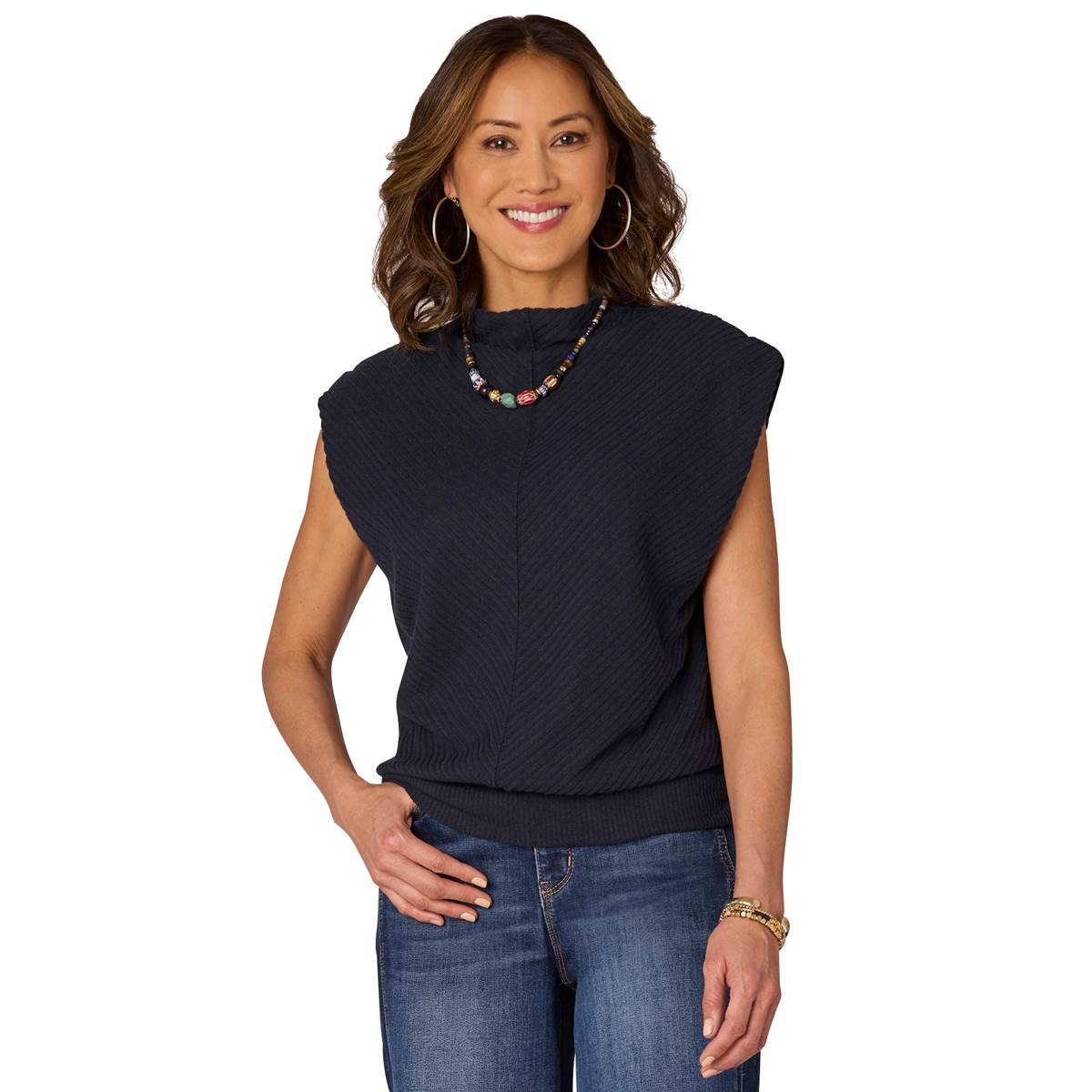 Womens Democracy Cap Sleeve Funnel Neck Mitered Blouse