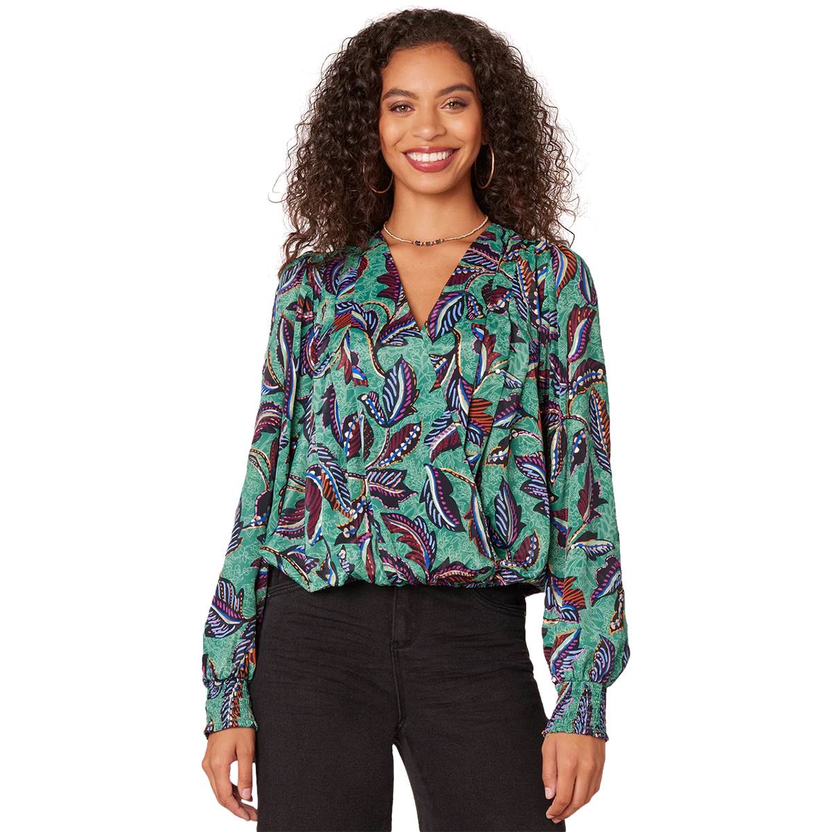 Womens Democracy Long Blouson Sleeve Leaf Woven Blouse