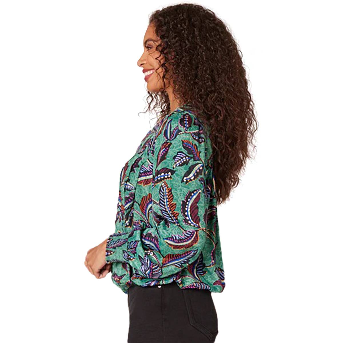 Womens Democracy Long Blouson Sleeve Leaf Woven Blouse