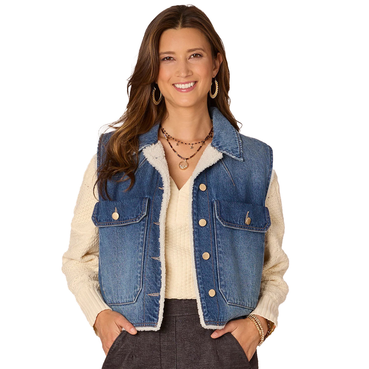 Womens Democracy Denim Vest W/Oversized Pockets & Sherpa Lining