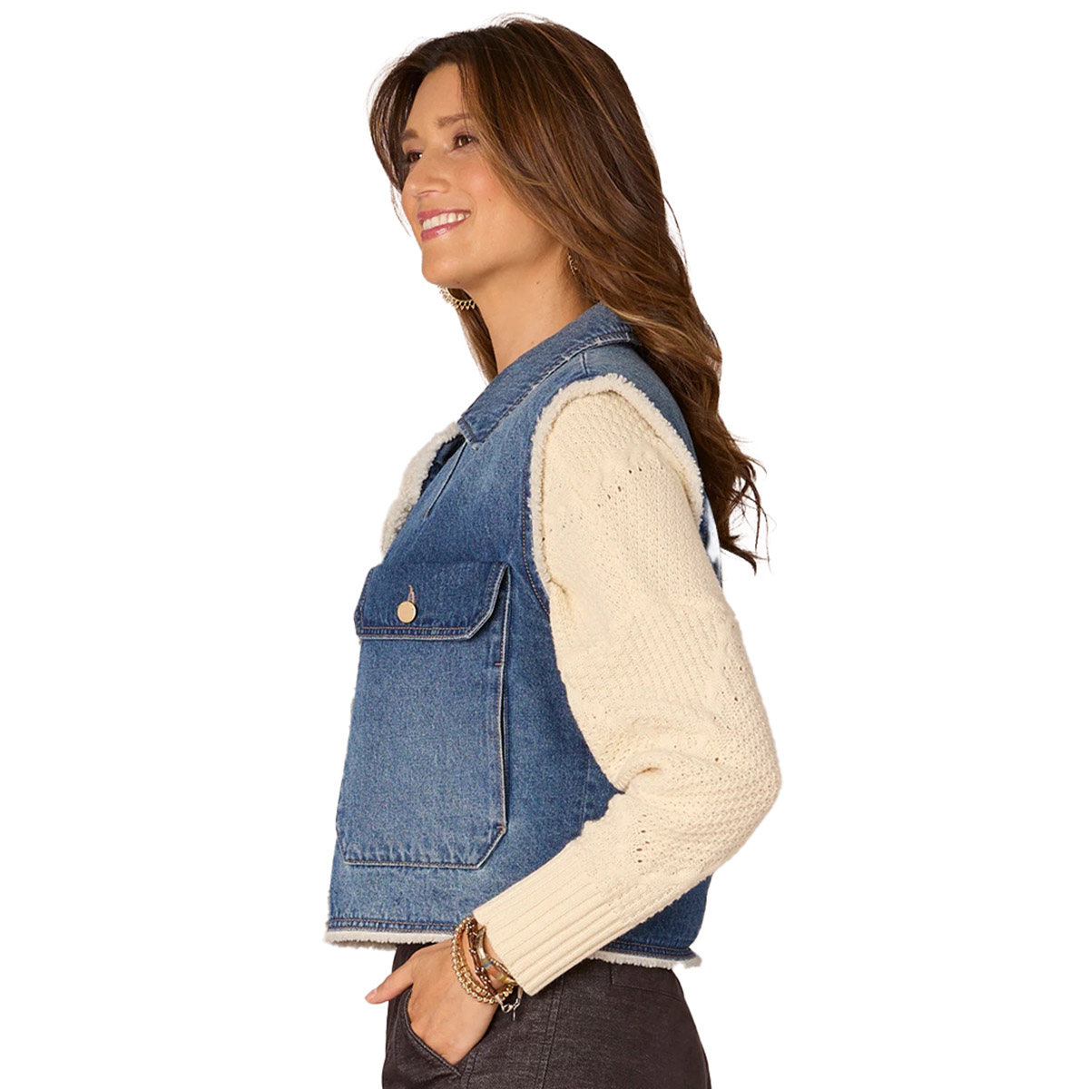 Womens Democracy Denim Vest W/Oversized Pockets & Sherpa Lining