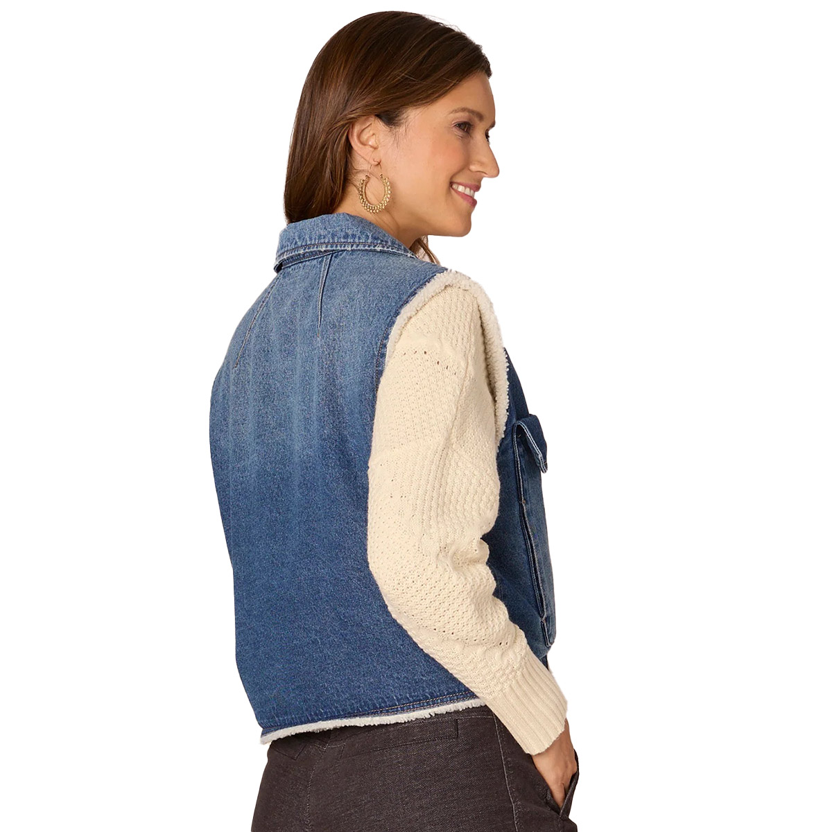 Womens Democracy Denim Vest W/Oversized Pockets & Sherpa Lining