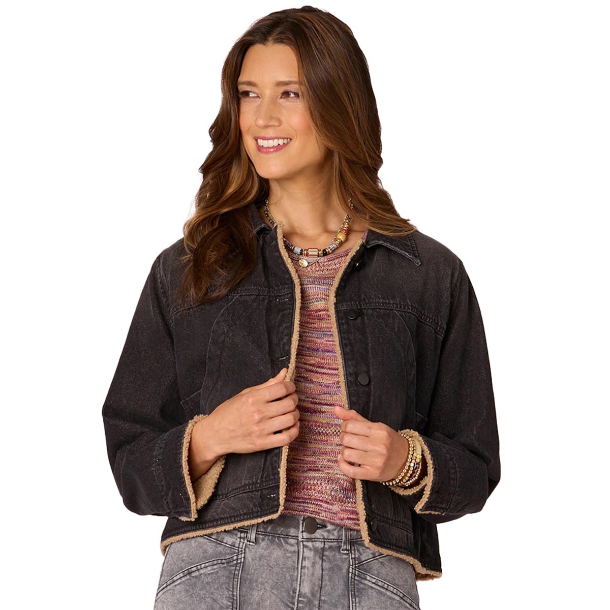 Womens Democracy Sherpa Lined Cropped Denim Jacket