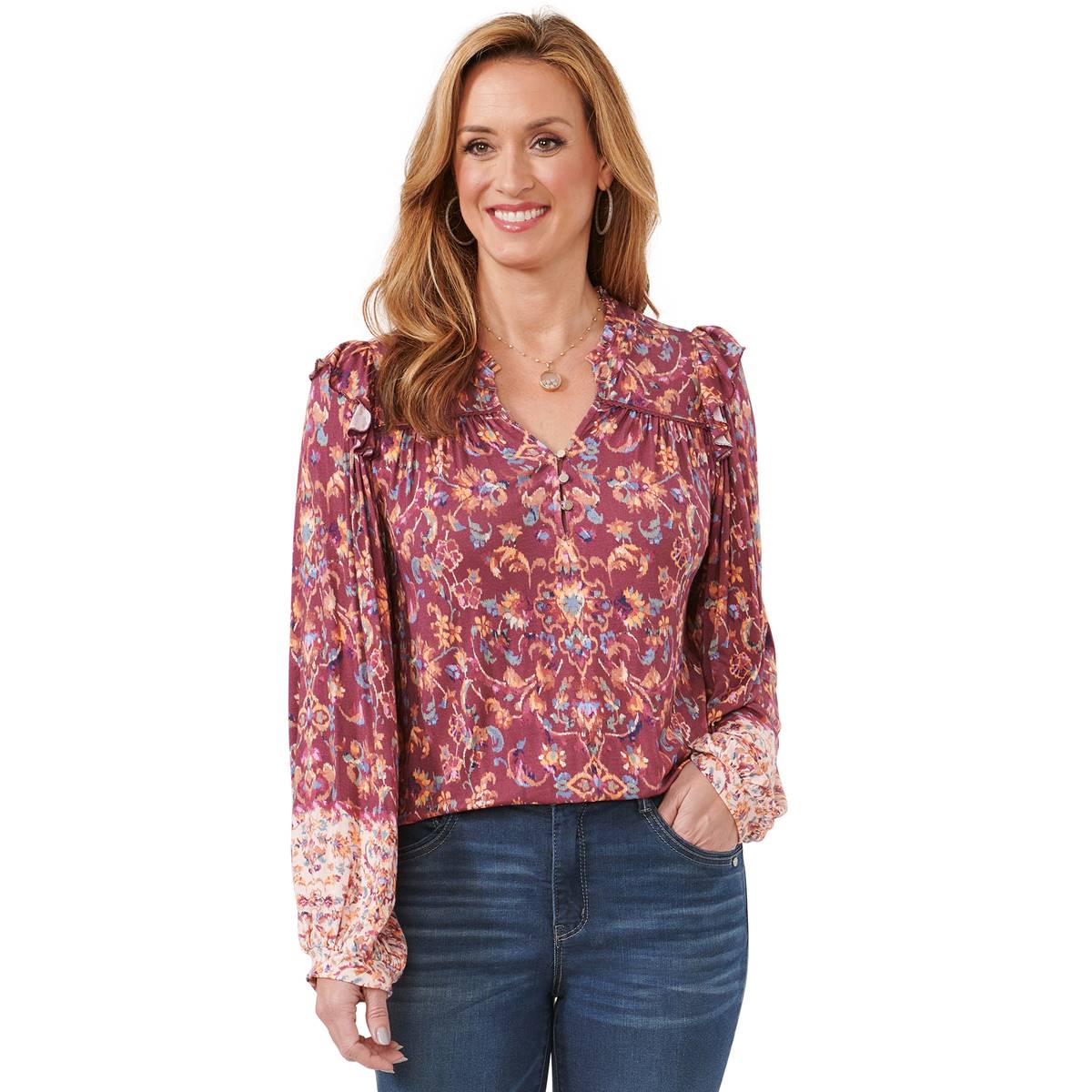 Womens Democracy Long Blouson Sleeve Scroll Blouse