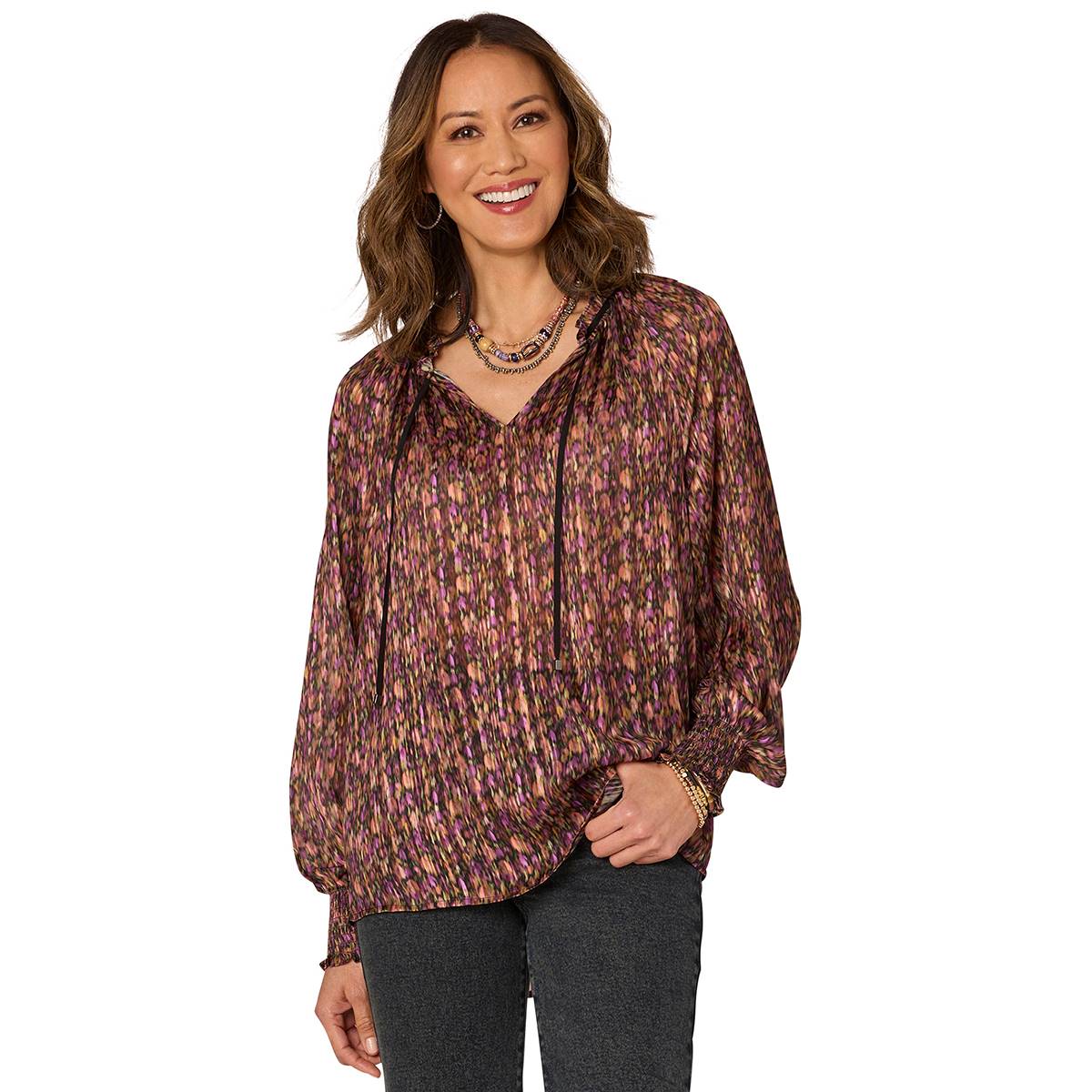 Womens Democracy Long Sleeve Split Neck W/ Tie Woven Blouse