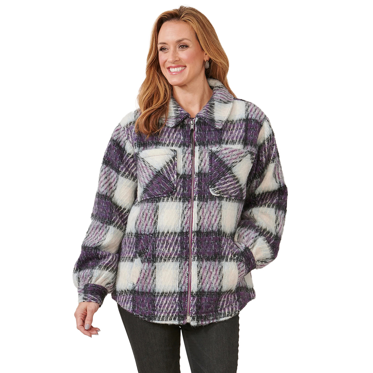 Womens Democracy Long Blouson Zip Front Blurry Plaid Jacket