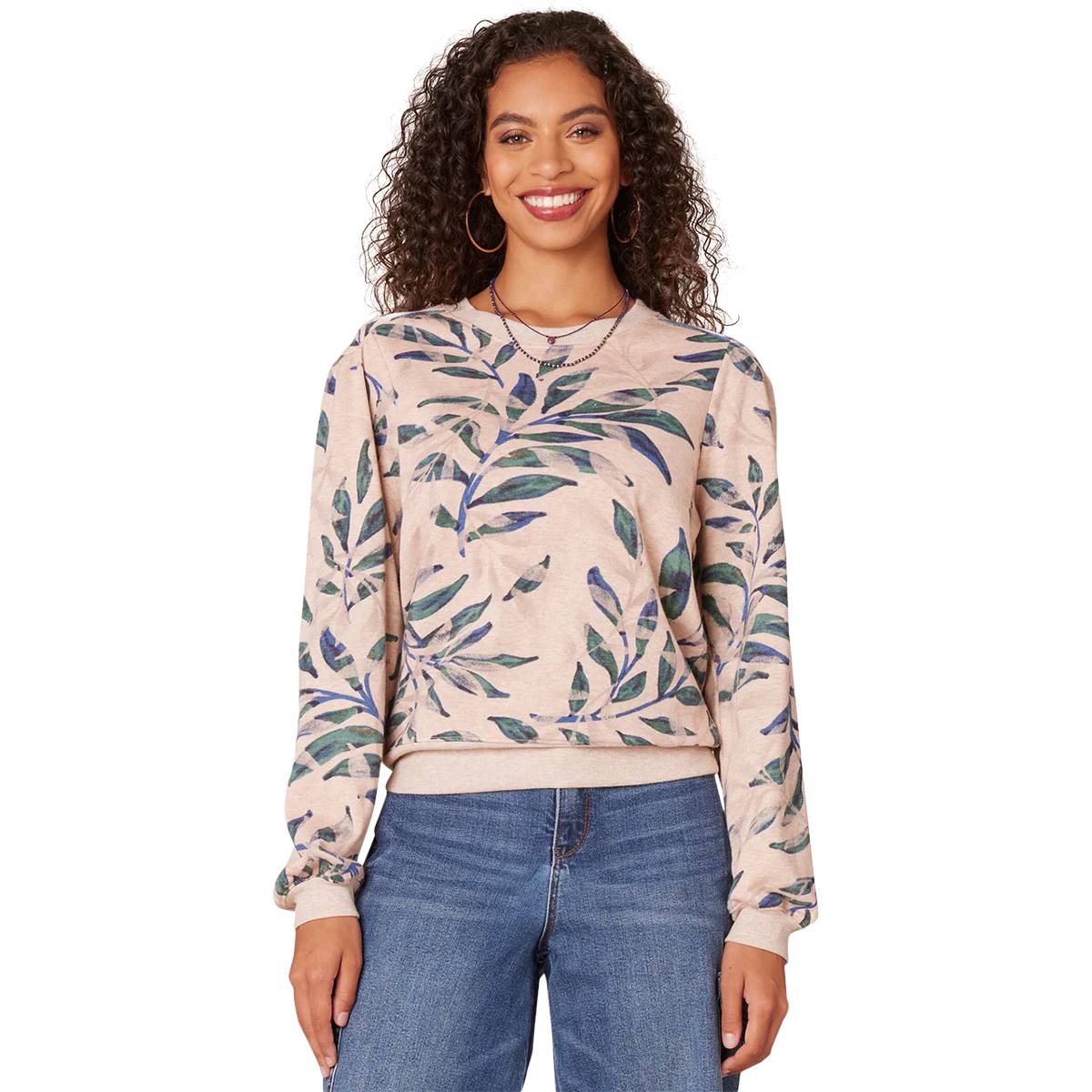 Womens Democracy Long Sleeve Banded Hem Leaf Sweatshirt