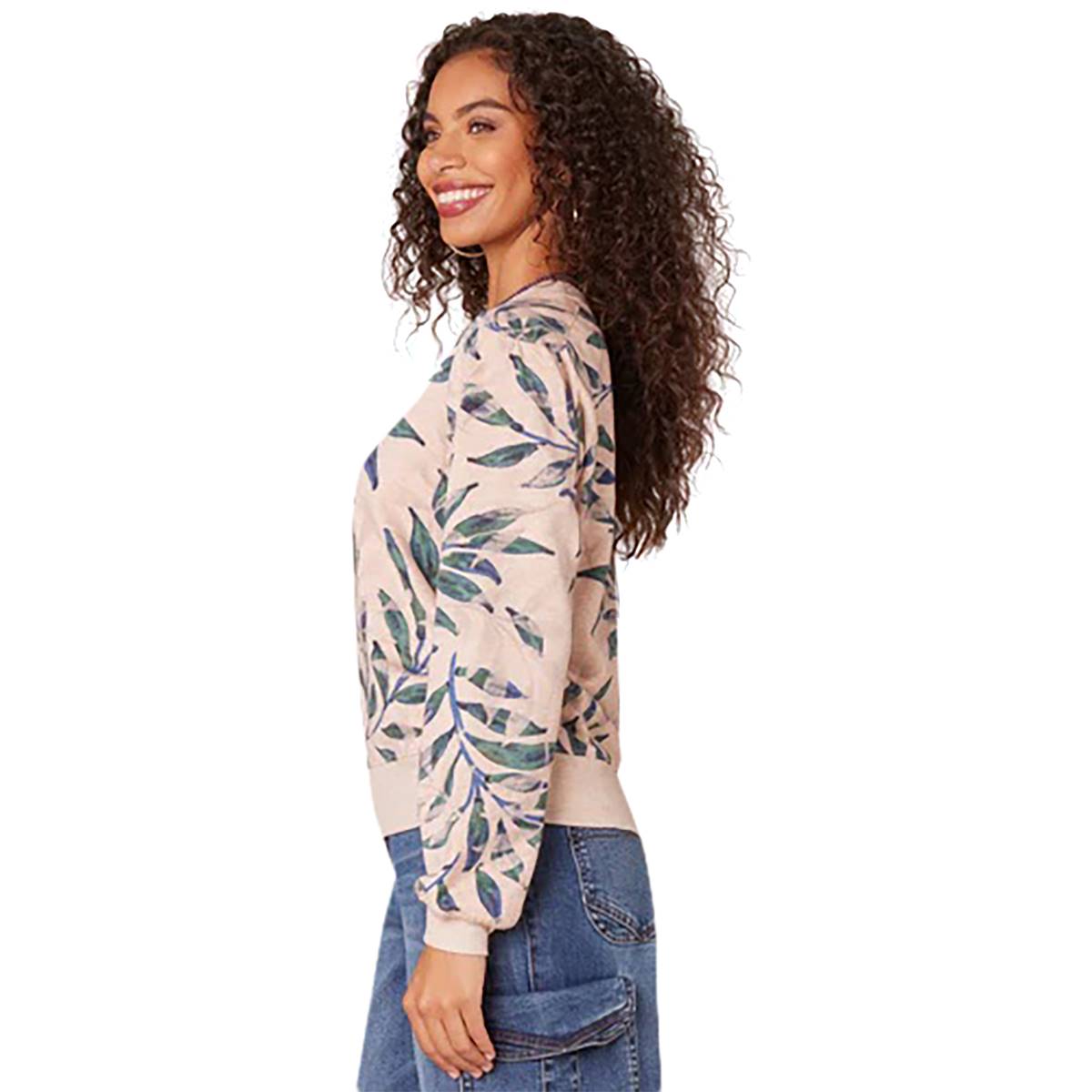 Womens Democracy Long Sleeve Banded Hem Leaf Sweatshirt