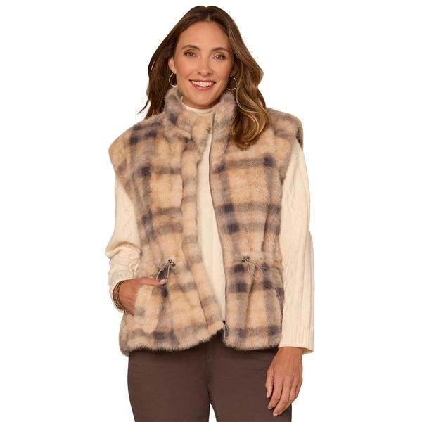 Womens Democracy Funnel Neck Zip Front Plaid Faux Fur Vest