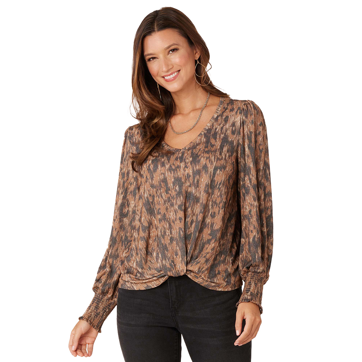 Womens Democracy Long Sleeve Blouson Abstract Twist Hem Blouse