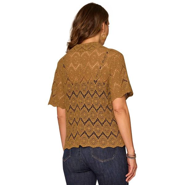 Womens Democracy Short Sleeve Crochet Button Down Blouse alternate view