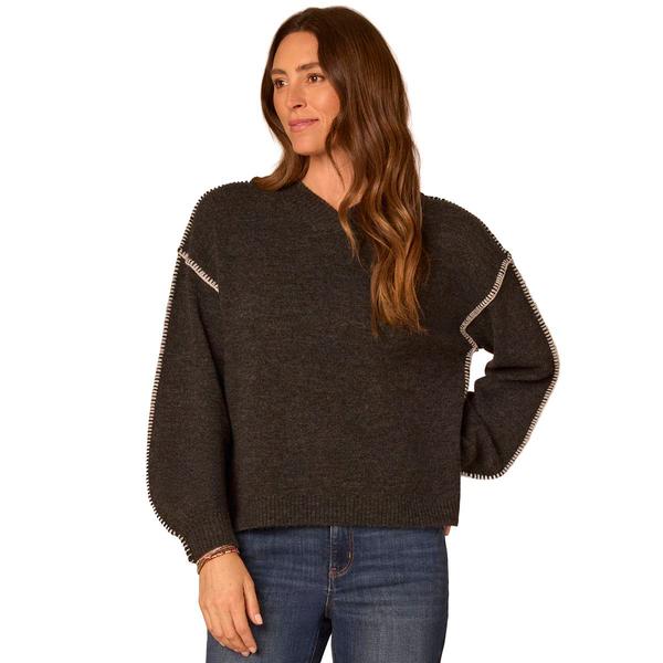 Plus Size Democracy Long Blouson Sleeve Blanket Stitch Sweater
