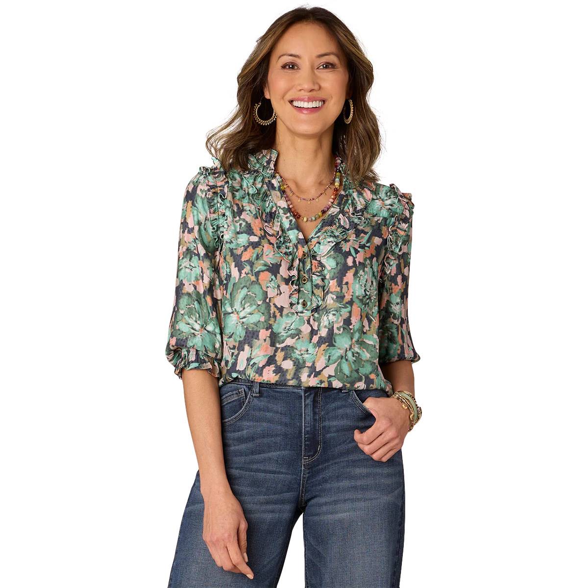 Petite Democracy 3/4 Sleeve Ruched Ruffle Floral Blouse