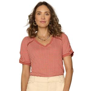 Womens Democracy Short Ruch Sleeve V Neck Stripe Blouse