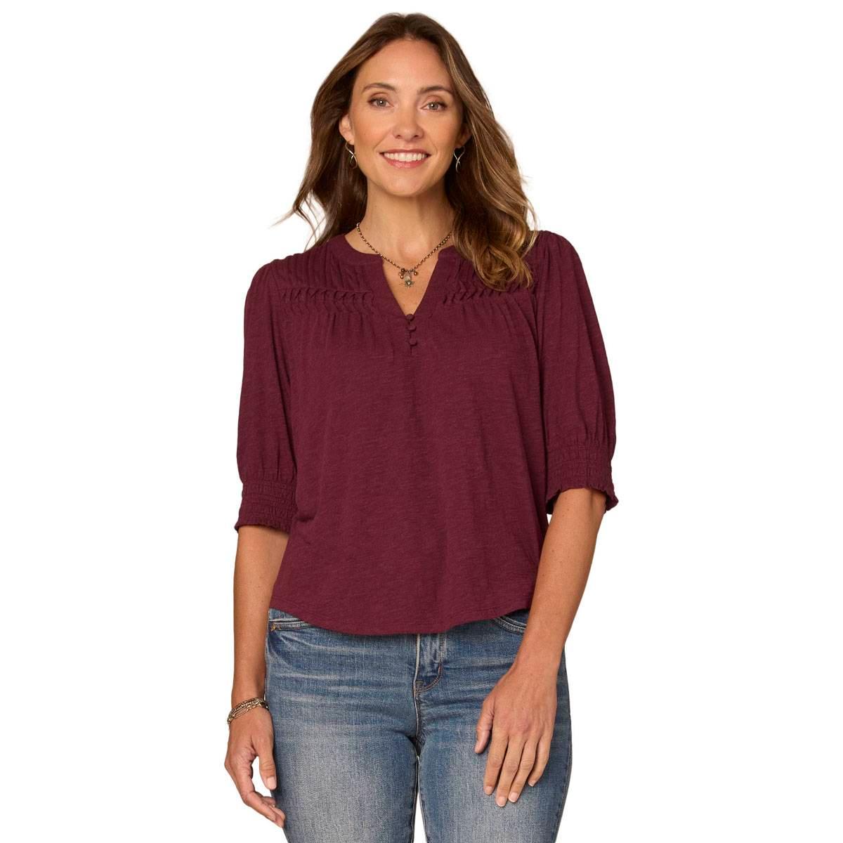 Democracy Petite Blouson-Sleeve Mandarin Collar Knit Top - Heather Plum
