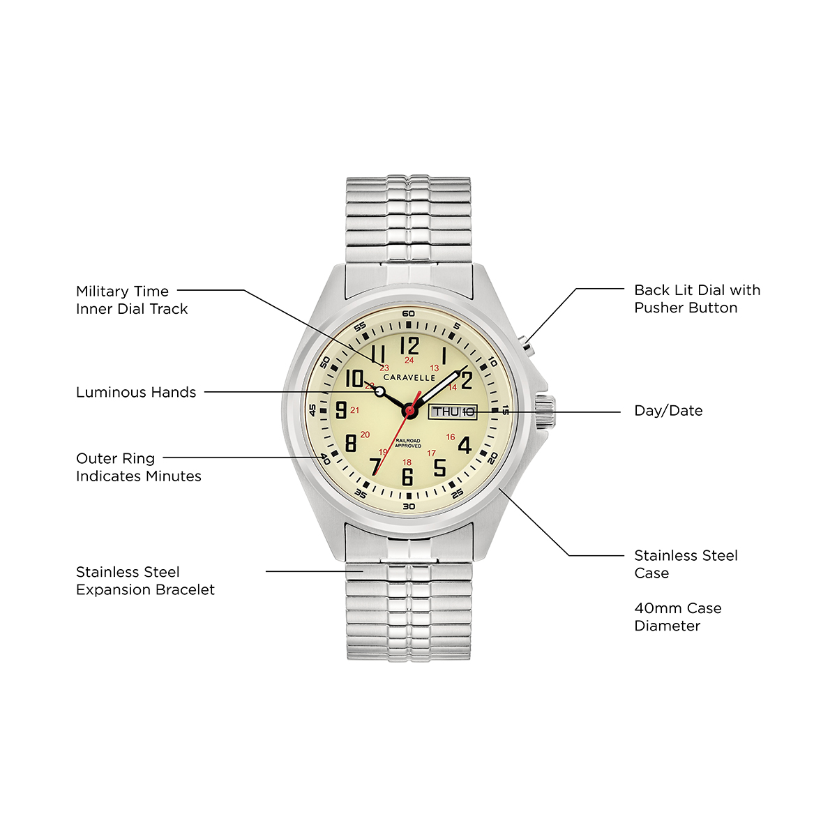 Mens Caravelle Stainless Luminescent Expansion Watch - 43C124