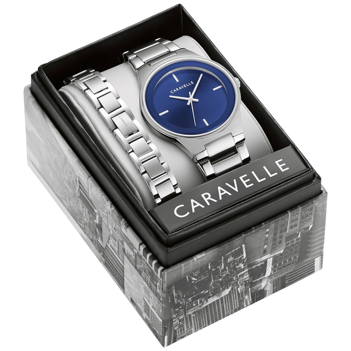 Mens Caravelle By Bulova Stainless Blue Dial Watch Box Set-43K101