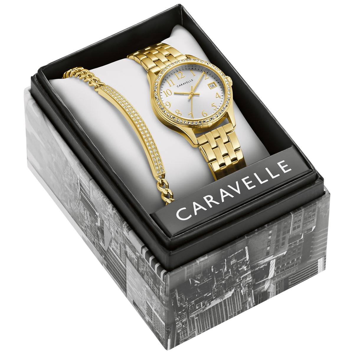 Women Carvavelle By Bulova Crystal Gold-Tone Watch Box Set-44X101