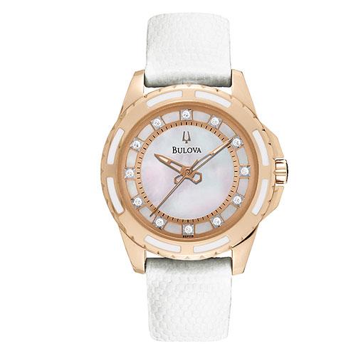 Womens Bulova Rose Gold & White Leather Strap Watch - 98P119