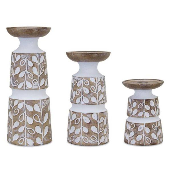 Melrose Wooden Leaf Pattern Candle Holders - Set of 3