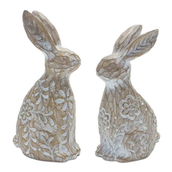 Melrose Floral Carved Rabbit Figurine - Set of 2