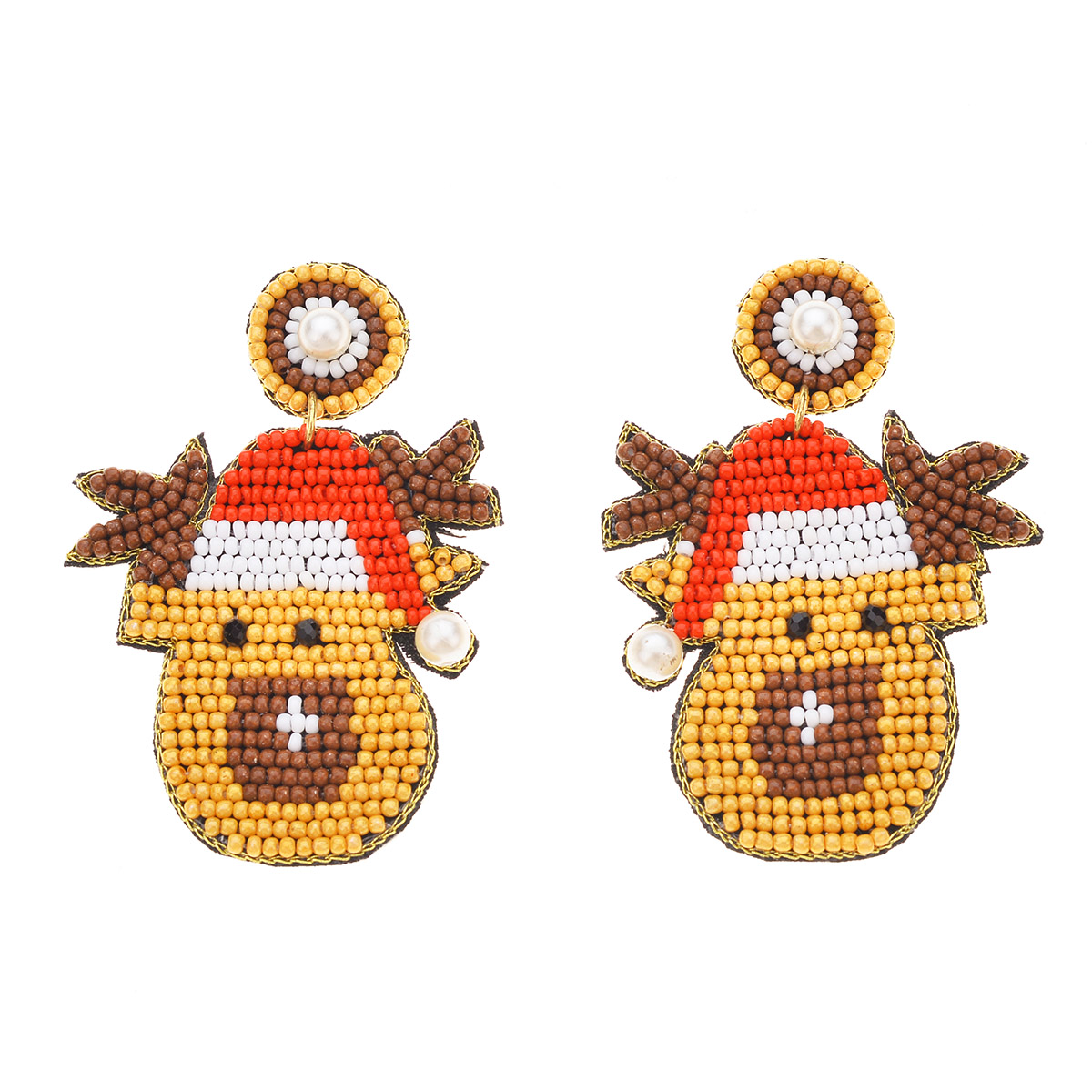 Seed Bead Reindeer In Santa Hat Drop Earrings