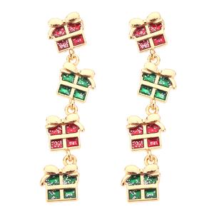 Gold-Tone 4-Tier Red & Green Enamel Glitter Present Earrings