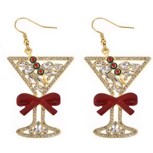Rhinestone Christmas Martini with Red Bow Earrings