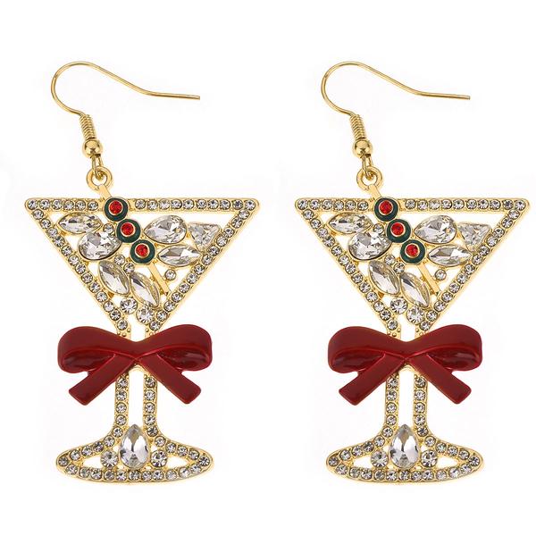 Rhinestone Christmas Martini with Red Bow Earrings