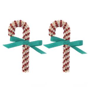 Rhinestone Candy Cane with Green Bow Earrings