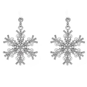 Silver-Tone Rhinestone Pearl Snowflake Earrings