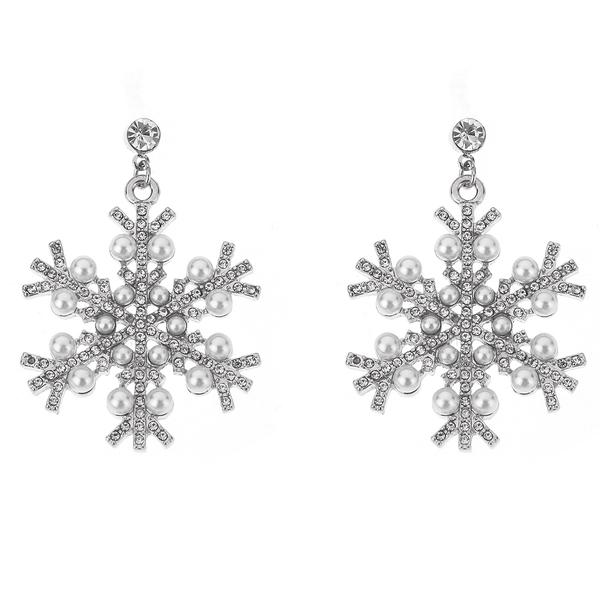 Silver-Tone Rhinestone Pearl Snowflake Earrings