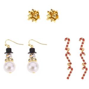 Gold Bow, Snowman, & Candy Cane Multiple Earring Set