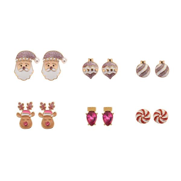 6pr. Gold/Purple/Pink Festive Stud Earrings Set