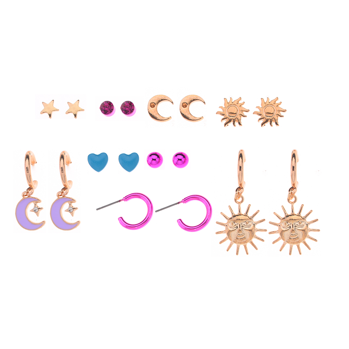 Ashley 9pr. Gold & Multi-Color Celestial Stud & Hoop Earrings Set