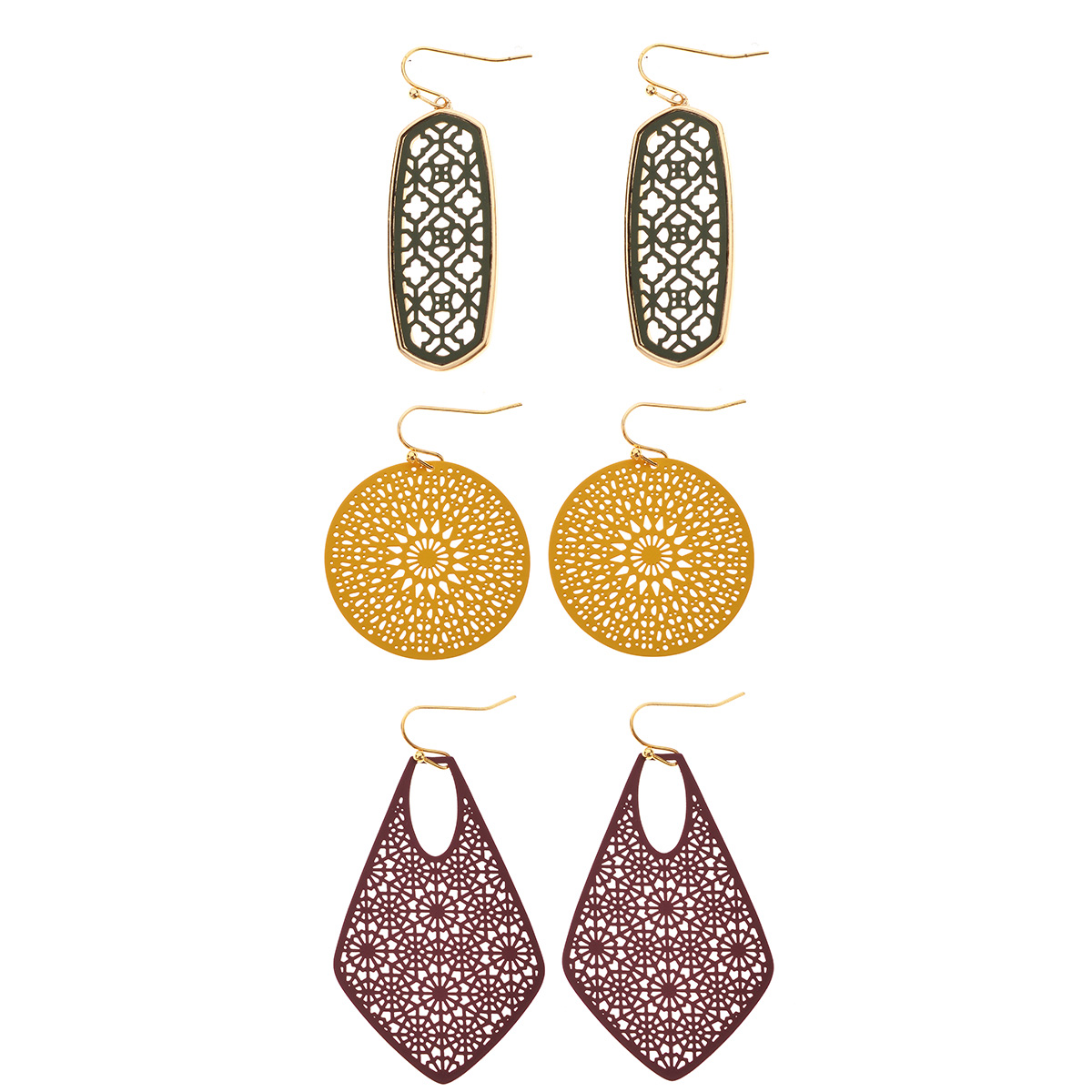 Ashley Cooper(tm) Gold 3pr. Multi Shape Filigree Drop Earrings