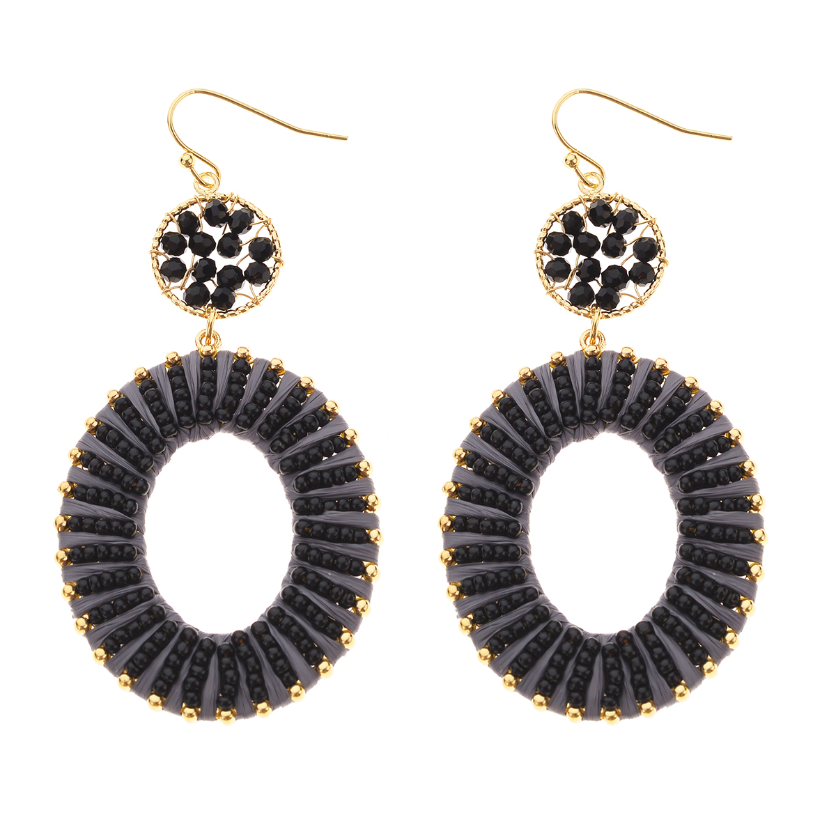 Ashley Cooper(tm) Black Raffia Seed Bead Circle Double Drop Earrings