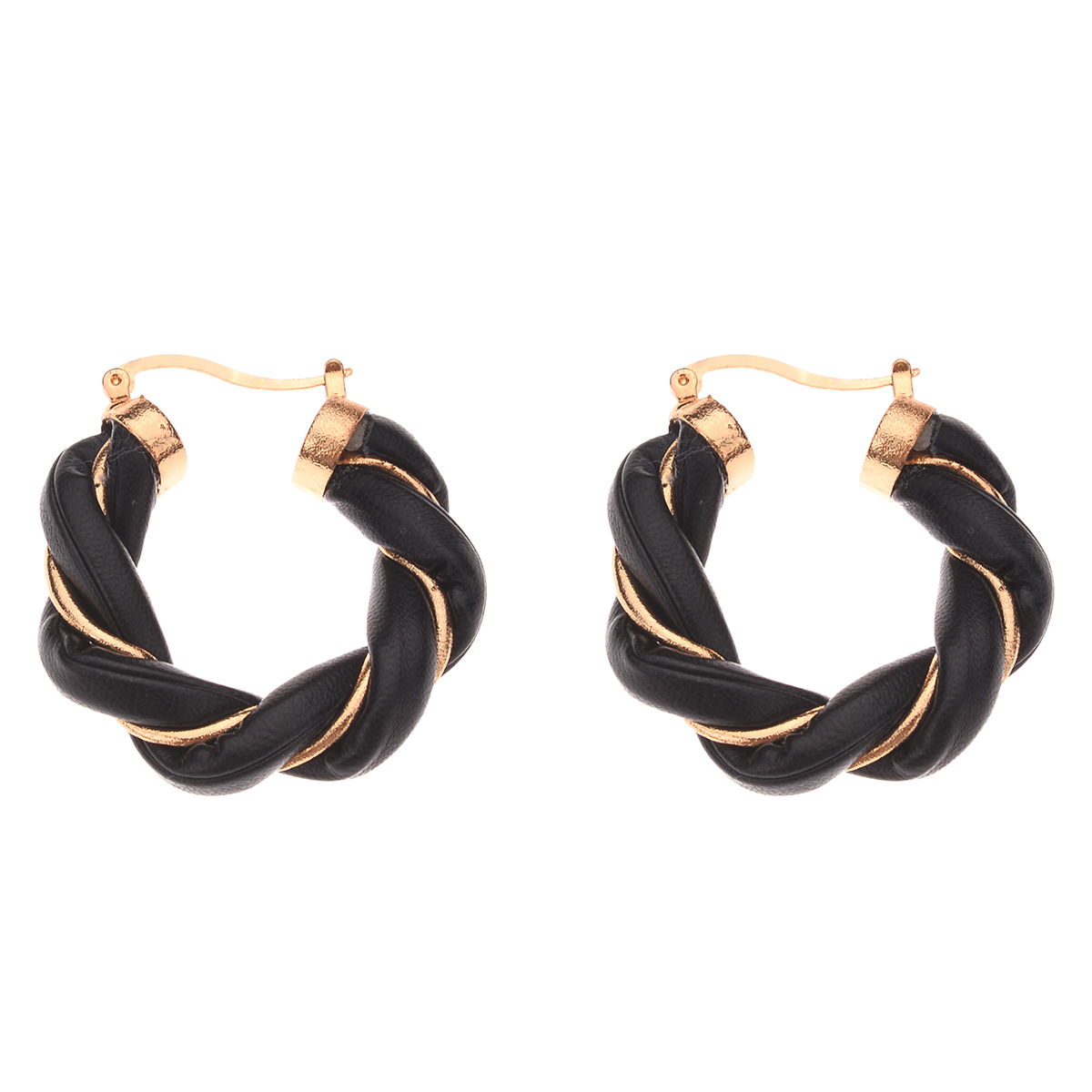 Ashley Cooper(tm) Black & Gold Metal Leather Twisted Hoop Earrings