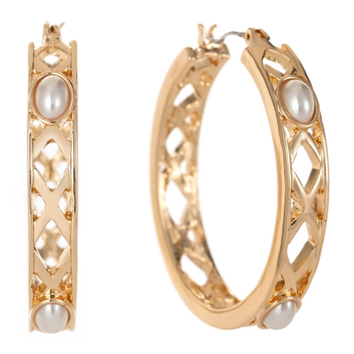 Gloria Vanderbilt Gold-Tone Pearl Lattice Click-Top Hoop Earrings