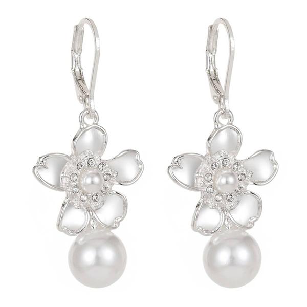 Gloria Vanderbilt Pearl & Crystal Flower Drop Leverback Earrings alternate view