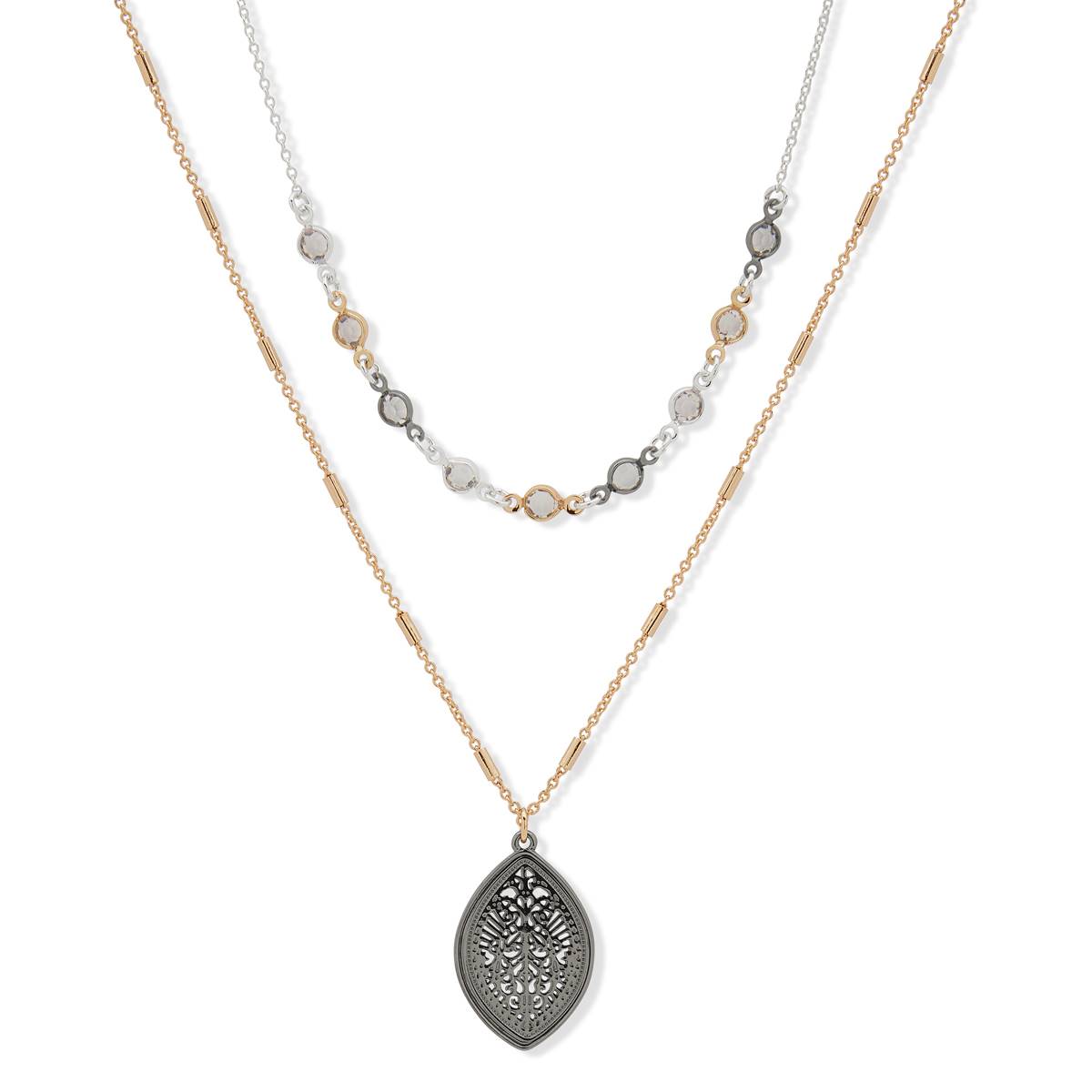 Gloria Vanderbilt Tri-Tone Crystal 2-Row Pendant Necklace