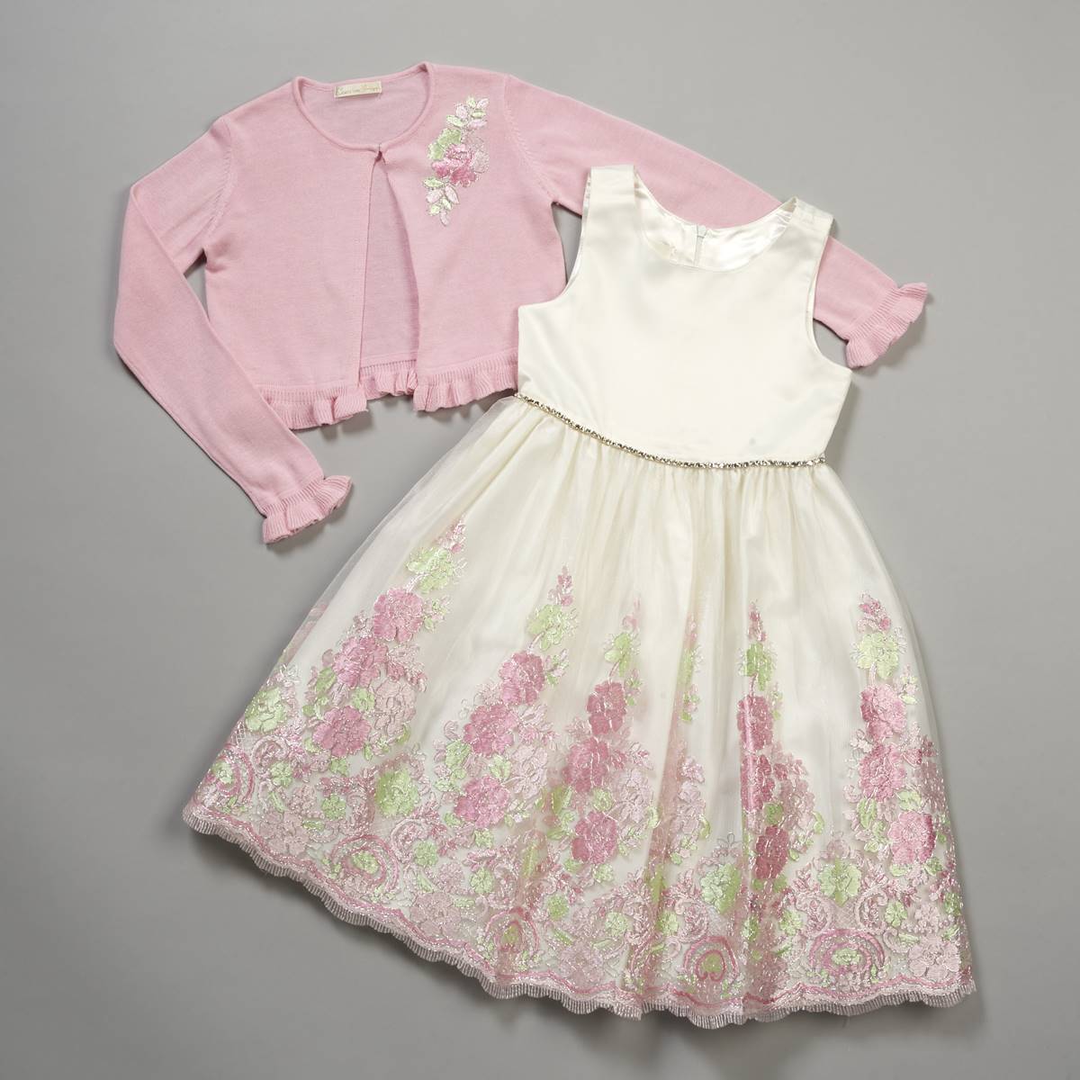 Girls (7-10) American Princess Metallic Floral Cardigan Dress